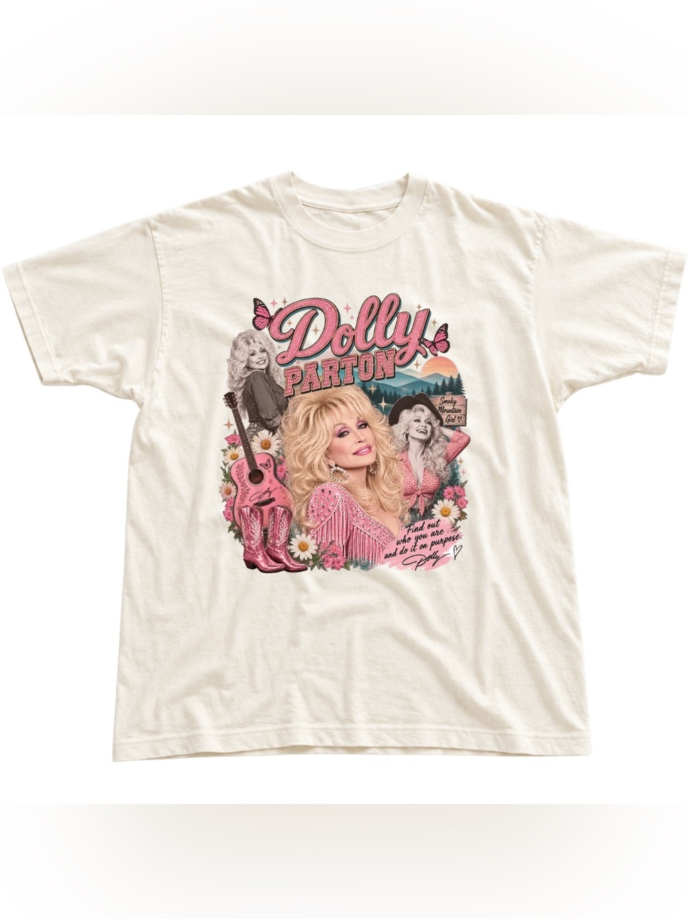 Gildan Cream Dolly Parton Graphic Tee with Pink Print - Vintage Gift For Fan